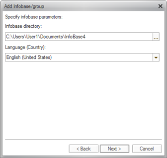 Fig. 29. Specifying infobase directory and language